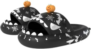 Halloween Christmas Shark Slides Slippers, 3D Cartoon Spooky Shark Slides Glow in the Dark Cloud Shark Slides, Beige