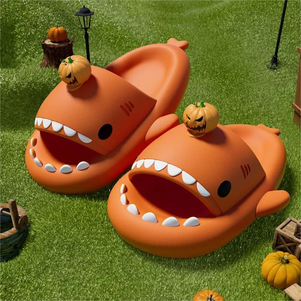 Halloween Christmas Shark Slides Slippers, 3D Cartoon Spooky Shark Slides Glow in the Dark Cloud Shark Slides, Beige