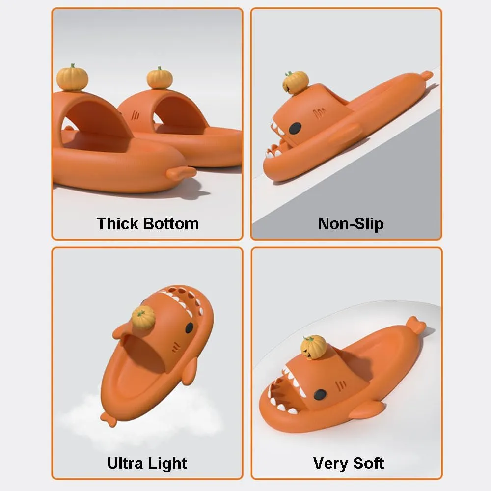 Halloween Christmas Shark Slides Slippers, 3D Cartoon Spooky Shark Slides Glow in the Dark Cloud Shark Slides, Beige