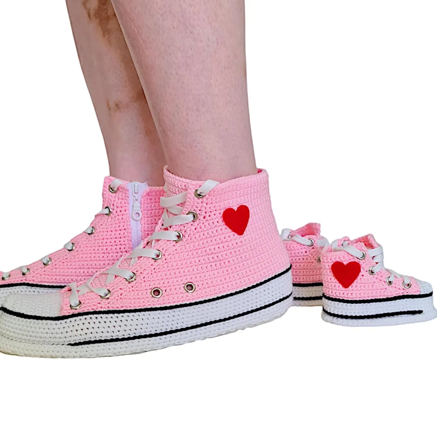 Handmade Crochet Pink High-Top Sneakers Matching Set for Mother and Baby – Custom Heart Logo – Gender Neutral Baby Shower Gifts – Soft Cotton Non-Slip Baby Booties