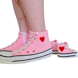 Handmade Crochet Pink High-Top Sneakers Matching Set for Mother and Baby – Custom Heart Logo – Gender Neutral Baby Shower Gifts – Soft Cotton Non-Slip Baby Booties