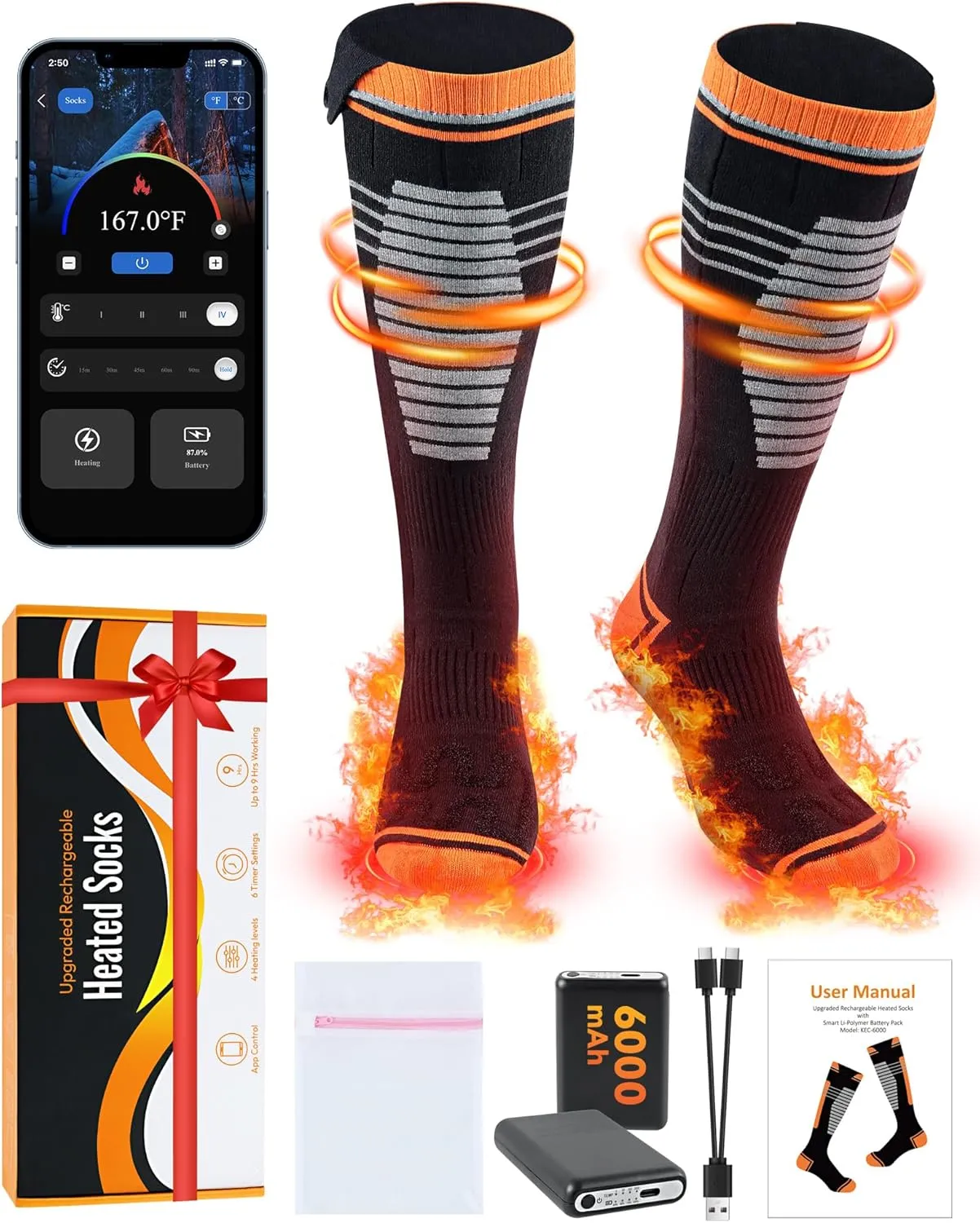Heated Socks, 6000mAh Rechargeable Heated Socks for Men Women, Up to 9 Hours, APP-Controlled Electric Socks, 4 Heating Settings, Washable Winter Foot Warmer Socks, Outdoor Skiing Hunting Hiking