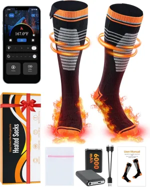 Heated Socks, 6000mAh Rechargeable Heated Socks for Men Women, Up to 9 Hours, APP-Controlled Electric Socks, 4 Heating Settings, Washable Winter Foot Warmer Socks, Outdoor Skiing Hunting Hiking