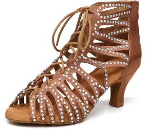 HIPPOSEUS Women's Rhinestone Latin Dance Boots Lace up Ballroom Salsa Dancing Booties