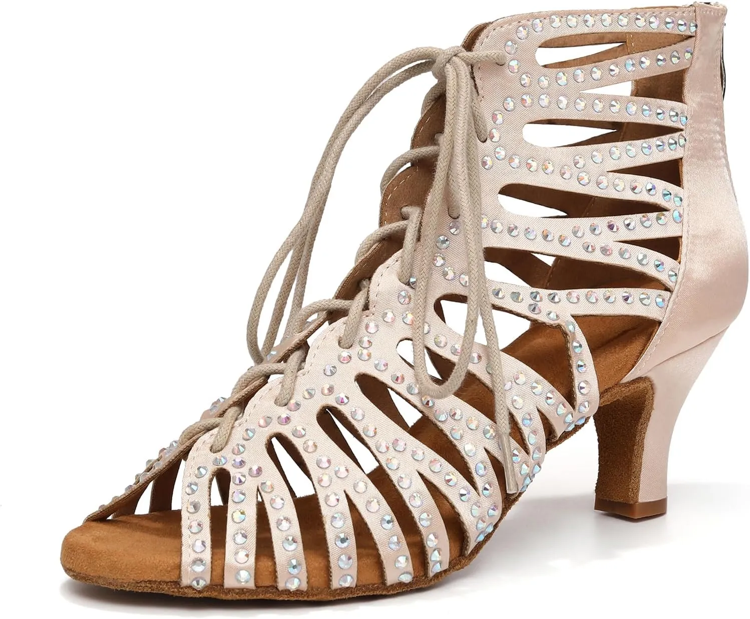 HIPPOSEUS Women's Rhinestone Latin Dance Boots Lace up Ballroom Salsa Dancing Booties