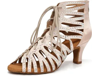 HIPPOSEUS Women's Rhinestone Latin Dance Boots Lace up Ballroom Salsa Dancing Booties