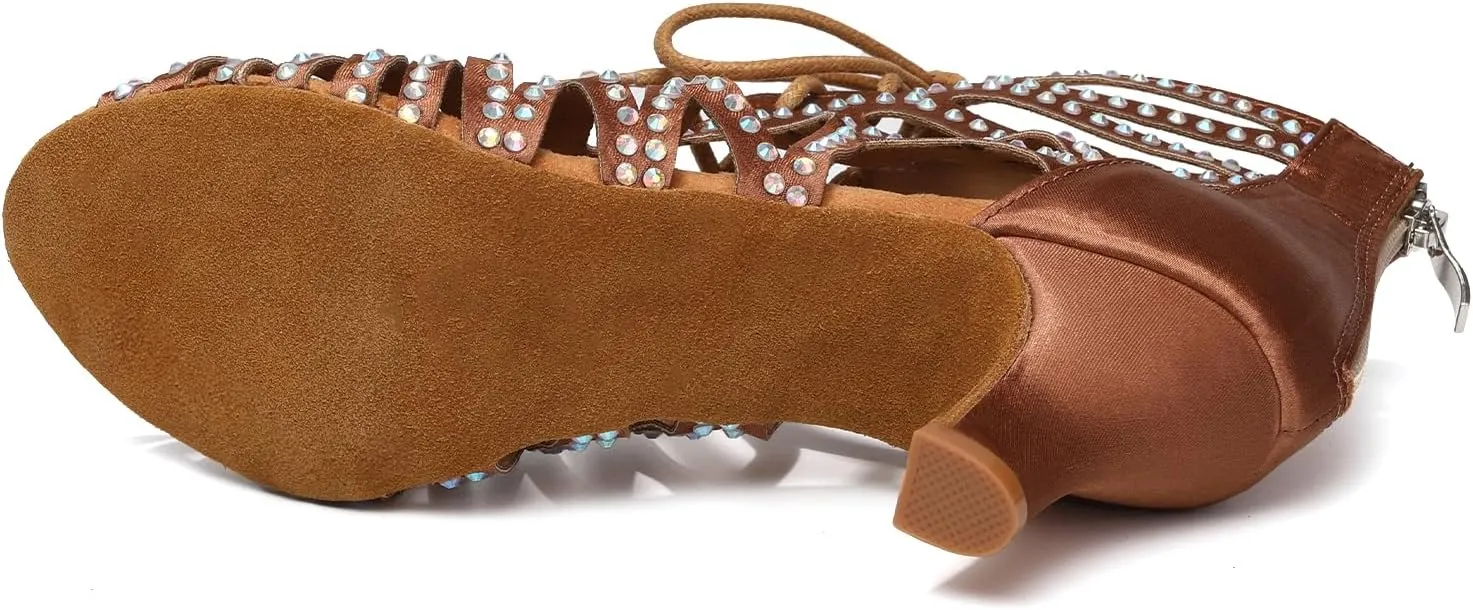 HIPPOSEUS Women's Rhinestone Latin Dance Boots Lace up Ballroom Salsa Dancing Booties