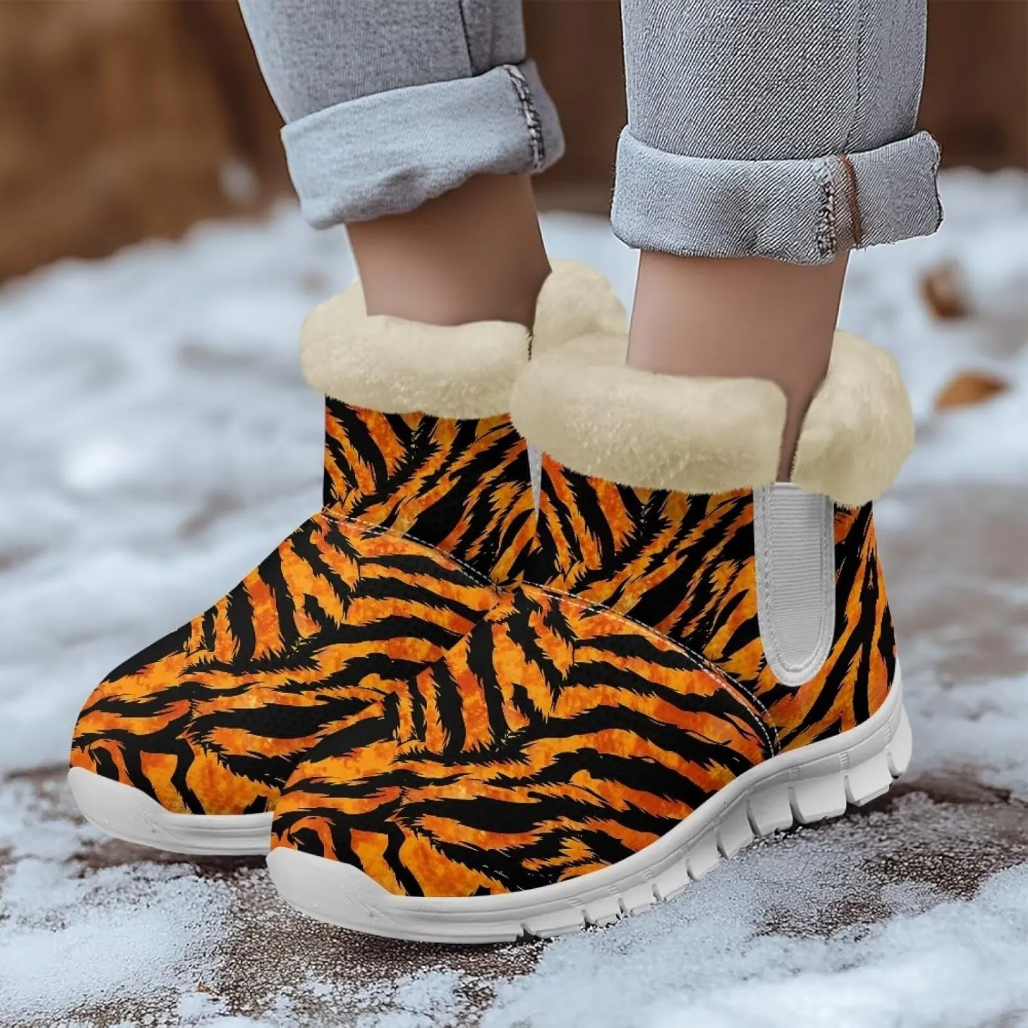 Howilath Leopard Print Winter Mini Boots for Women Fuzzy White Shoes Warm Ankle Booties with Anti-Skid Sole