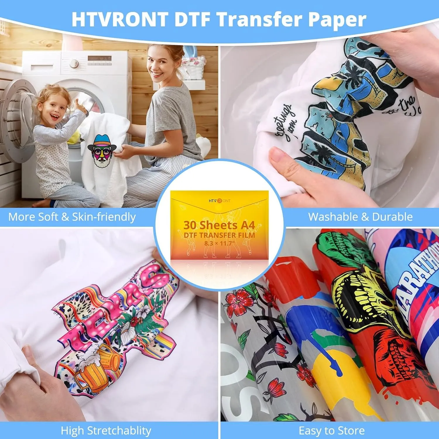 HTVRONT DTF Transfer Film for Sublimation - 100 Sheets of A4 (8.3×11.7") DTF Paper for Inkjet Printers, Direct to Film Transfer Paper for Cotton T shirts, Easy to Use, Vivid Colors, Easy to Indentify