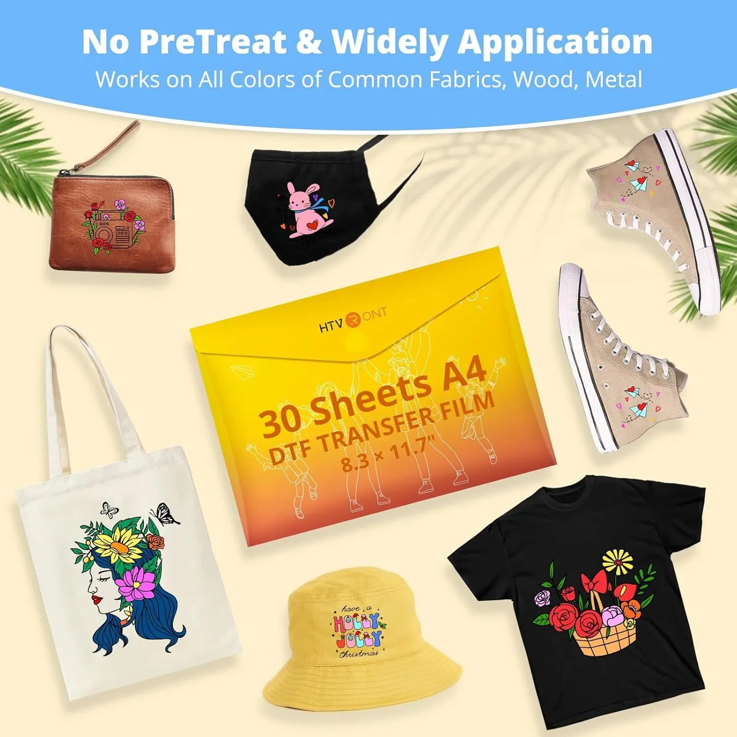 HTVRONT DTF Transfer Film for Sublimation - 100 Sheets of A4 (8.3×11.7") DTF Paper for Inkjet Printers, Direct to Film Transfer Paper for Cotton T shirts, Easy to Use, Vivid Colors, Easy to Indentify