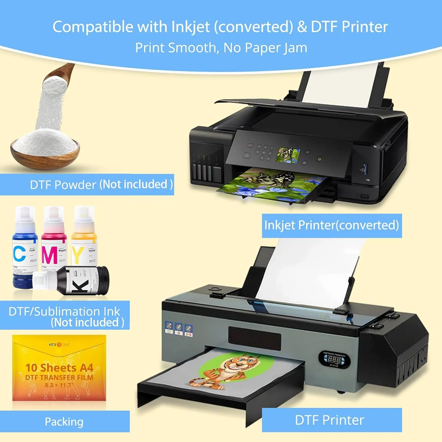 HTVRONT DTF Transfer Film for Sublimation - 100 Sheets of A4 (8.3×11.7") DTF Paper for Inkjet Printers, Direct to Film Transfer Paper for Cotton T shirts, Easy to Use, Vivid Colors, Easy to Indentify