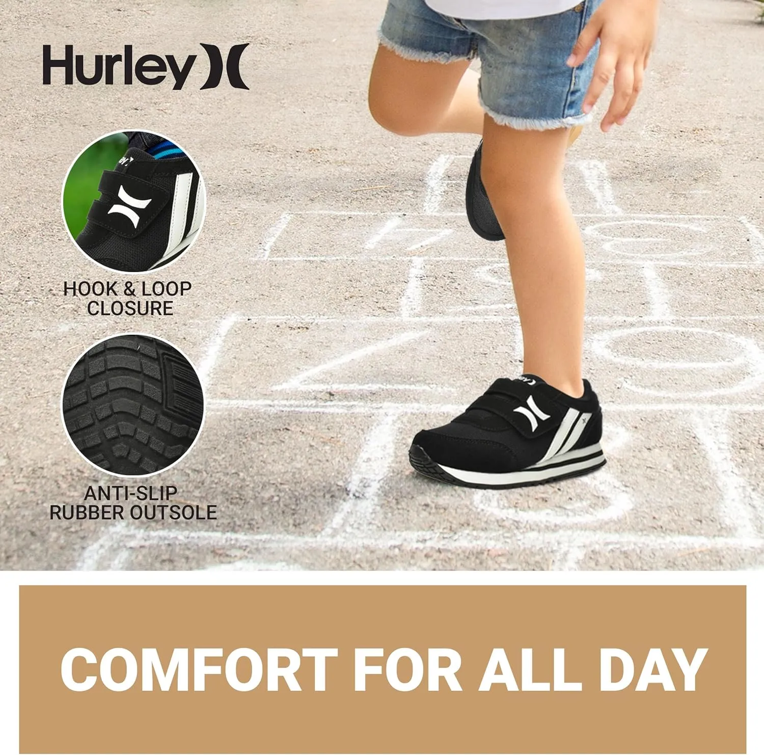 Hurley Kid's Knox Walking Sneakers - Kid's Runner Shoes with Hook & Loop Closure for Easy Wear, Lightweight Running & Walking Shoes for Boys & Girls, Toddler Kid's Sneaker Shoes