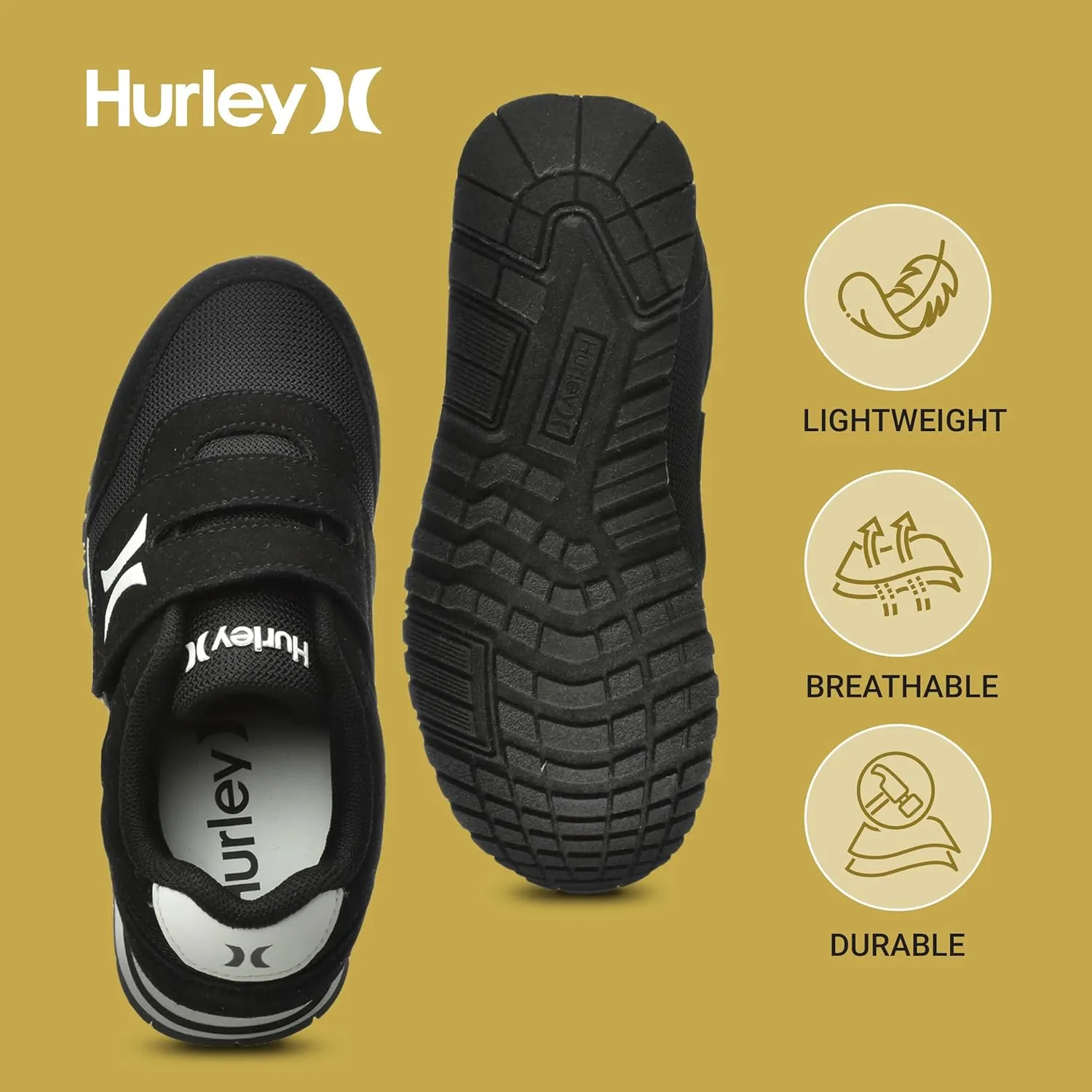 Hurley Kid's Knox Walking Sneakers - Kid's Runner Shoes with Hook & Loop Closure for Easy Wear, Lightweight Running & Walking Shoes for Boys & Girls, Toddler Kid's Sneaker Shoes