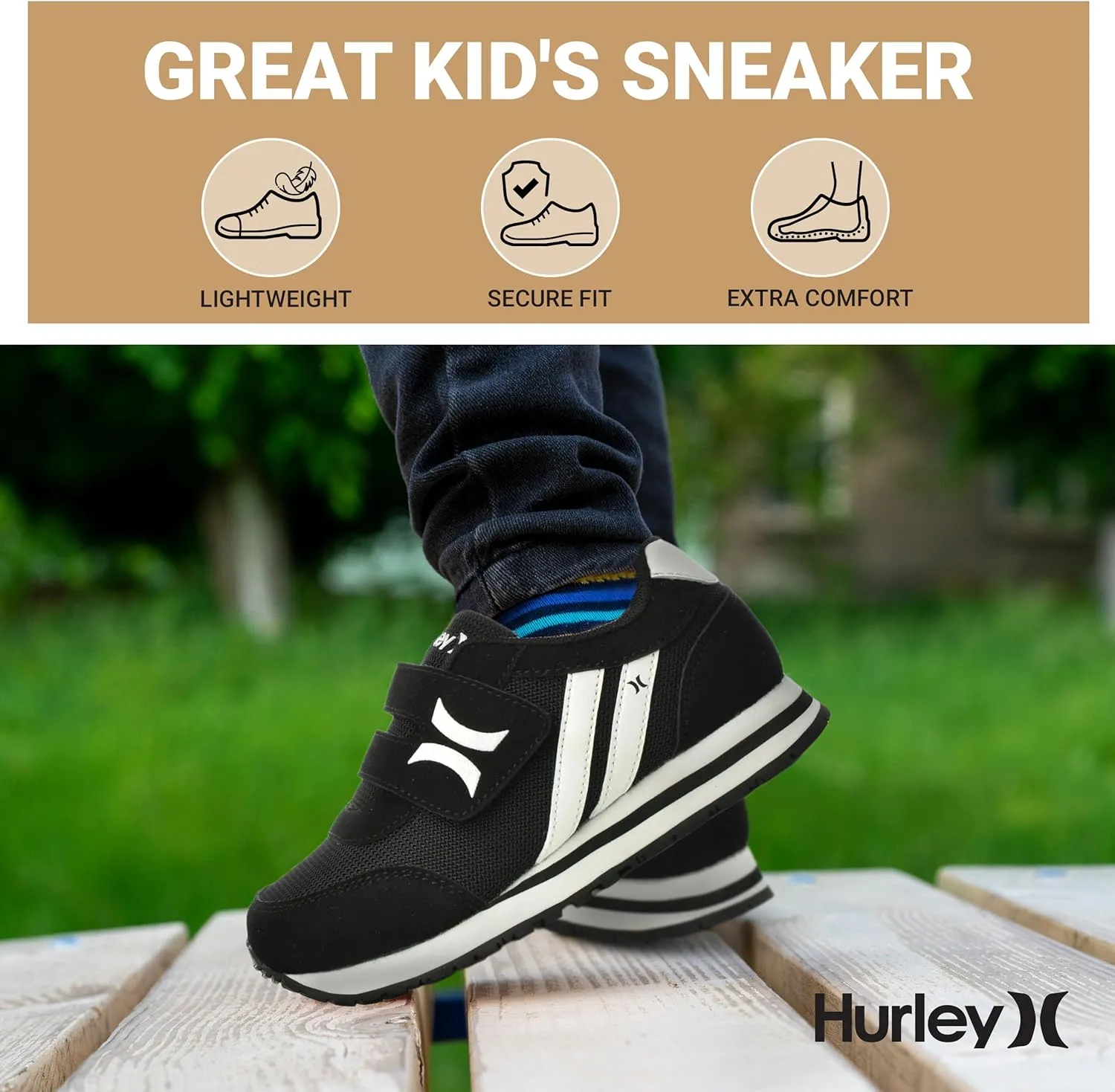 Hurley Kid's Knox Walking Sneakers - Kid's Runner Shoes with Hook & Loop Closure for Easy Wear, Lightweight Running & Walking Shoes for Boys & Girls, Toddler Kid's Sneaker Shoes