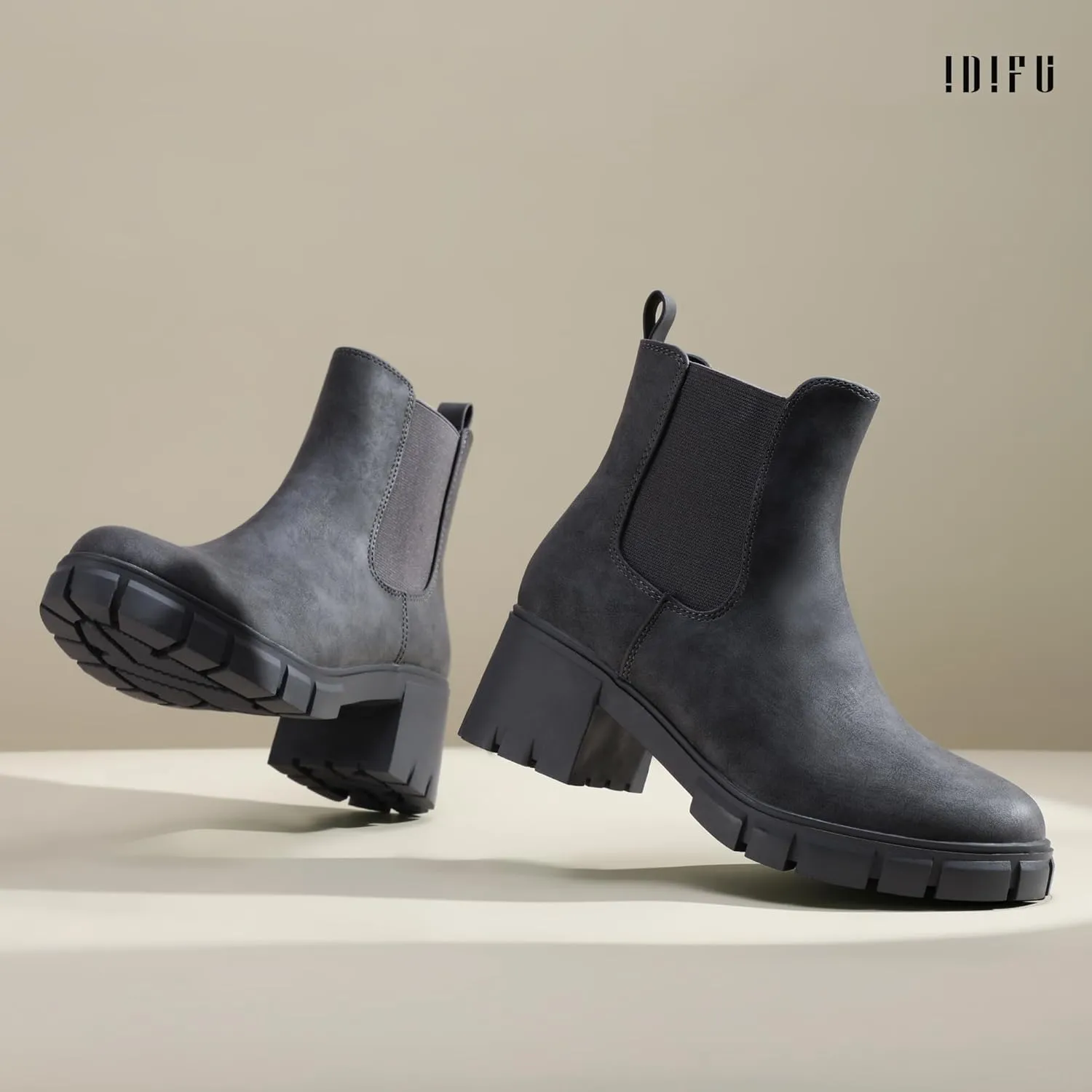 IDIFU IN2 Chelsea Boots Women Ankle Boots for Women Platform Low Chunky Block Heel Lug Sole Round Toe Fall Dress Boots for Women Comfortable Fashion Booties Cute Office Elastic Short Heeled Boots