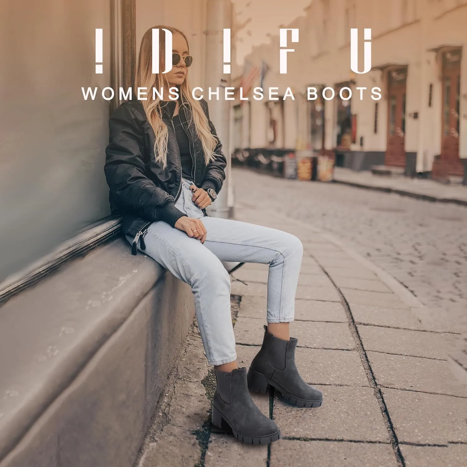IDIFU IN2 Chelsea Boots Women Ankle Boots for Women Platform Low Chunky Block Heel Lug Sole Round Toe Fall Dress Boots for Women Comfortable Fashion Booties Cute Office Elastic Short Heeled Boots
