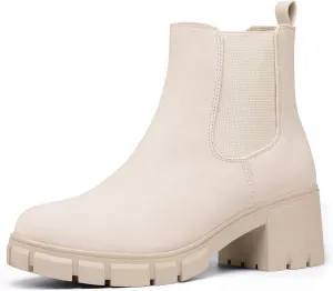 IDIFU IN2 Chelsea Boots Women Ankle Boots for Women Platform Low Chunky Block Heel Lug Sole Round Toe Fall Dress Boots for Women Comfortable Fashion Booties Cute Office Elastic Short Heeled Boots