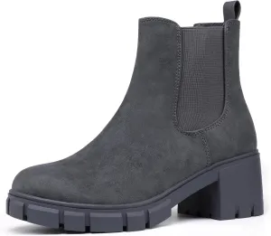 IDIFU IN2 Chelsea Boots Women Ankle Boots for Women Platform Low Chunky Block Heel Lug Sole Round Toe Fall Dress Boots for Women Comfortable Fashion Booties Cute Office Elastic Short Heeled Boots