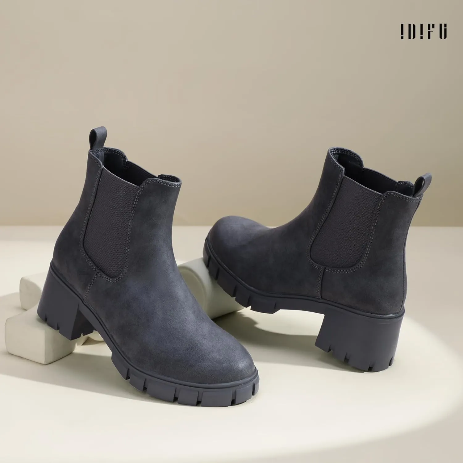 IDIFU IN2 Chelsea Boots Women Ankle Boots for Women Platform Low Chunky Block Heel Lug Sole Round Toe Fall Dress Boots for Women Comfortable Fashion Booties Cute Office Elastic Short Heeled Boots