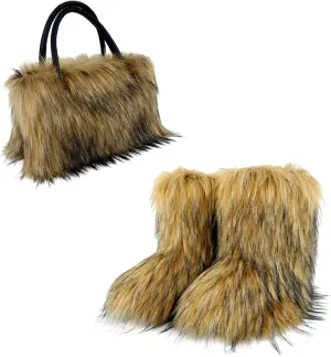 ikasus Faux Fur Tote Bag Women's Shoulder Handbags Fluffy Handbags Winter Handbag Boots Set Plush Tote Bag Mid Calf Boots, Brown 43