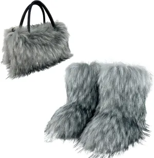 ikasus Faux Fur Tote Bag Women's Shoulder Handbags Fluffy Handbags Winter Handbag Boots Set Plush Tote Bag Mid Calf Boots, Gray 41