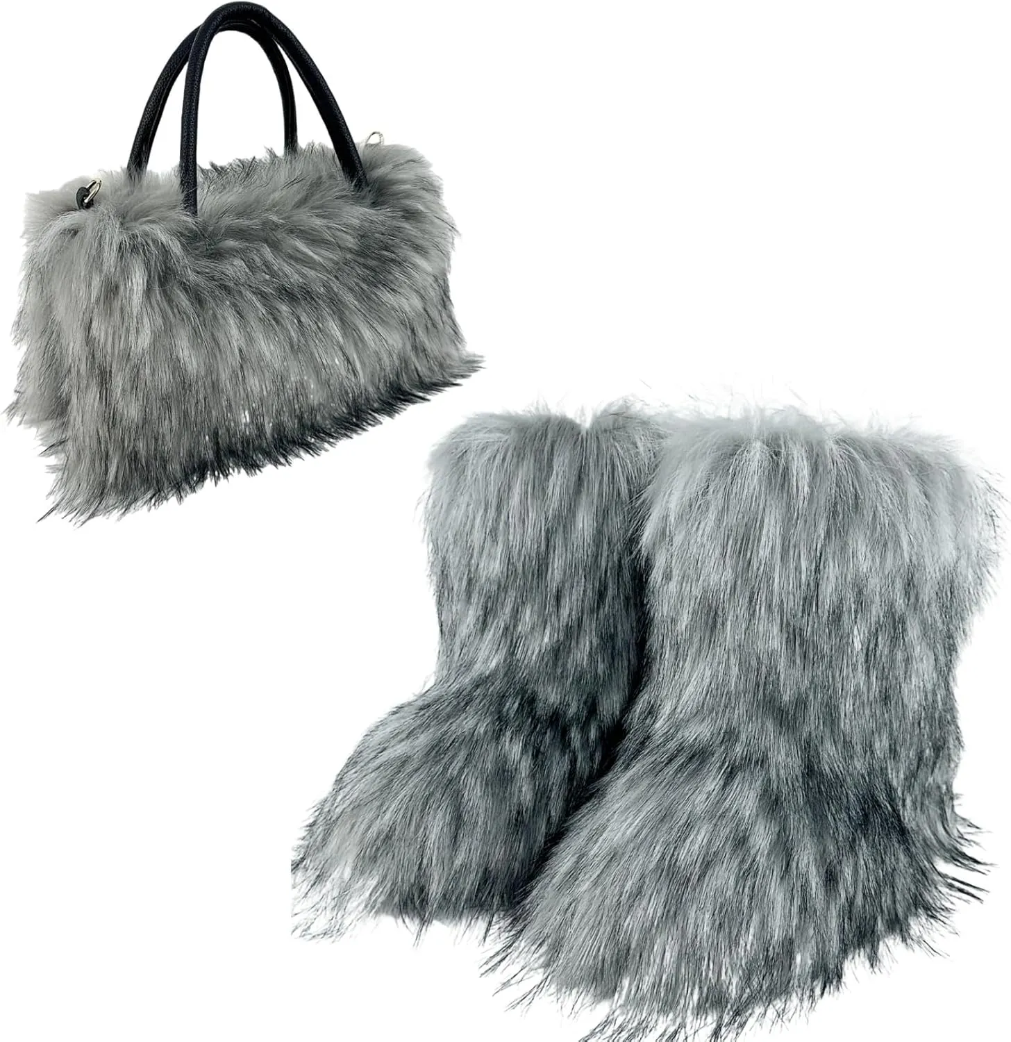 ikasus Faux Fur Tote Bag Women's Shoulder Handbags Fluffy Handbags Winter Handbag Boots Set Plush Tote Bag Mid Calf Boots, Gray 41