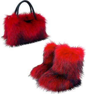 ikasus Faux Fur Tote Bag Women's Shoulder Handbags Fluffy Handbags Winter Handbag Boots Set Plush Tote Bag Mid Calf Boots, Red 41