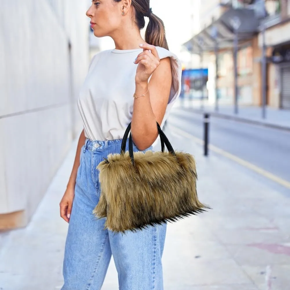 ikasus Faux Fur Tote Bag Women's Shoulder Handbags Fluffy Handbags Winter Handbag Boots Set Plush Tote Bag Mid Calf Boots, Red 43