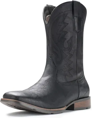 IUV Cowboy Boots For Men with Wide Square Toe Western Retro Boot Durable Classic Fashionable Embroidered Pull On Slip Resistant Boots