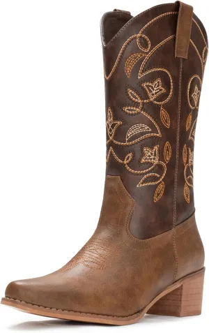 IUV Cowboy Boots For Women Pointy Toe Women's Western Boots Cowgirl Boots Mid Calf Boots
