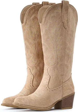 IUV Suede Cowboy Boots for women- Western Pointed Toe, Mid Calf Pull-On Boots
