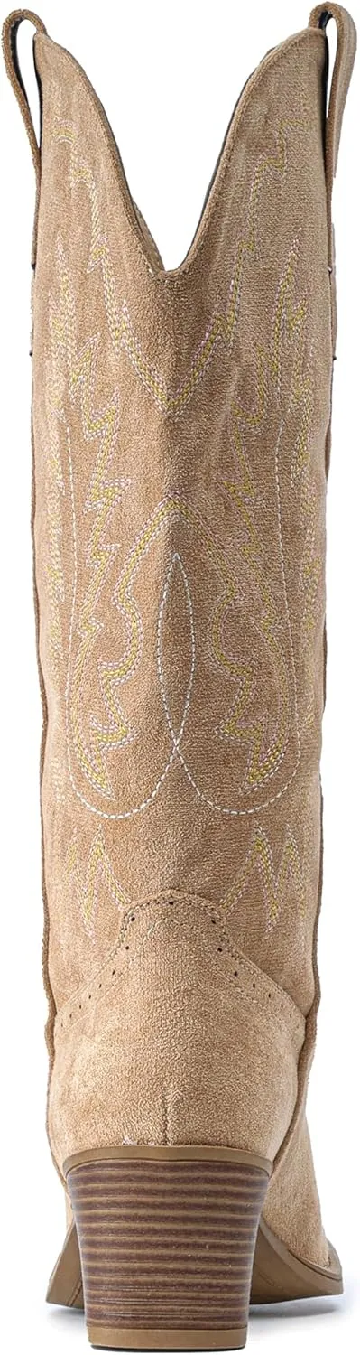 IUV Suede Cowboy Boots for women- Western Pointed Toe, Mid Calf Pull-On Boots