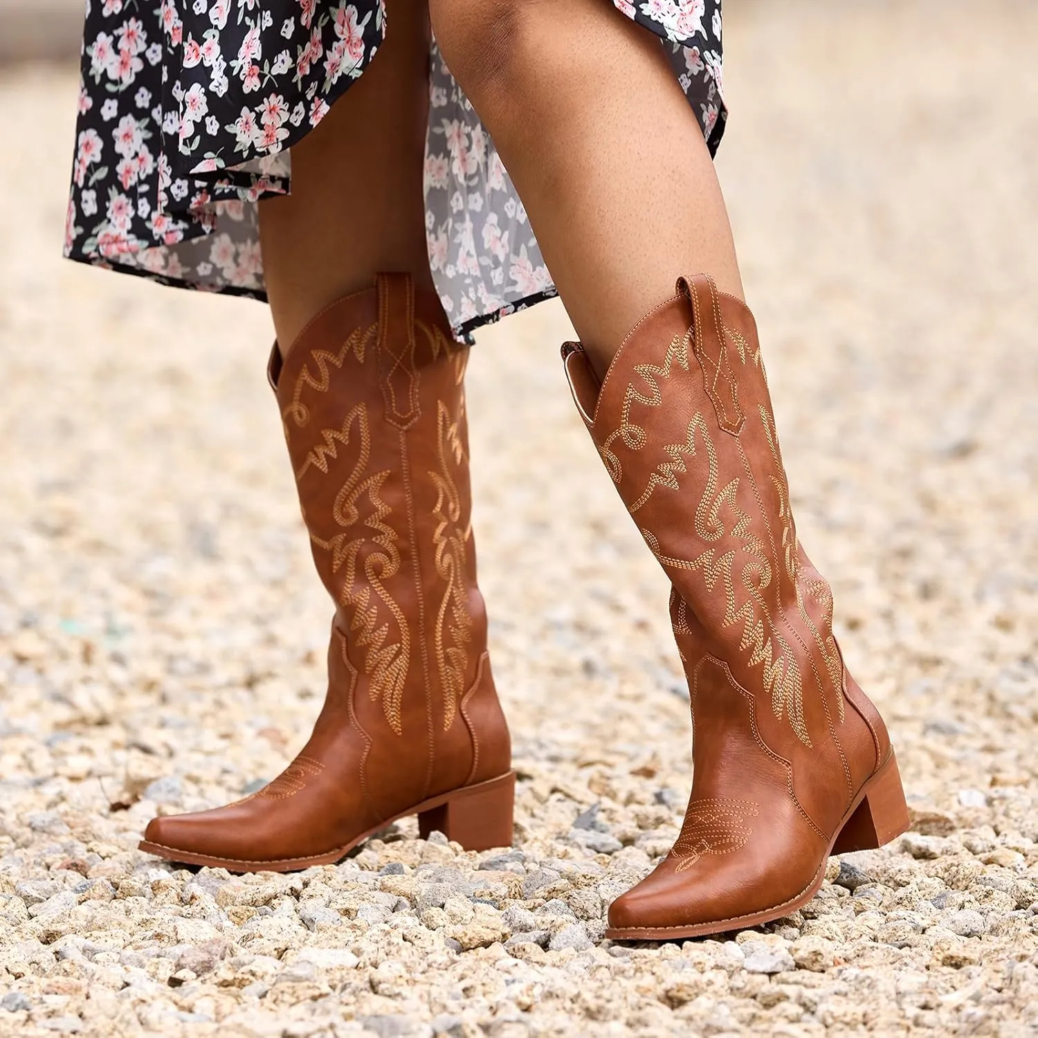 IXU Cowboy Boots Women Pointy Toe Women's Mid Calf Western Cowgirl Boots