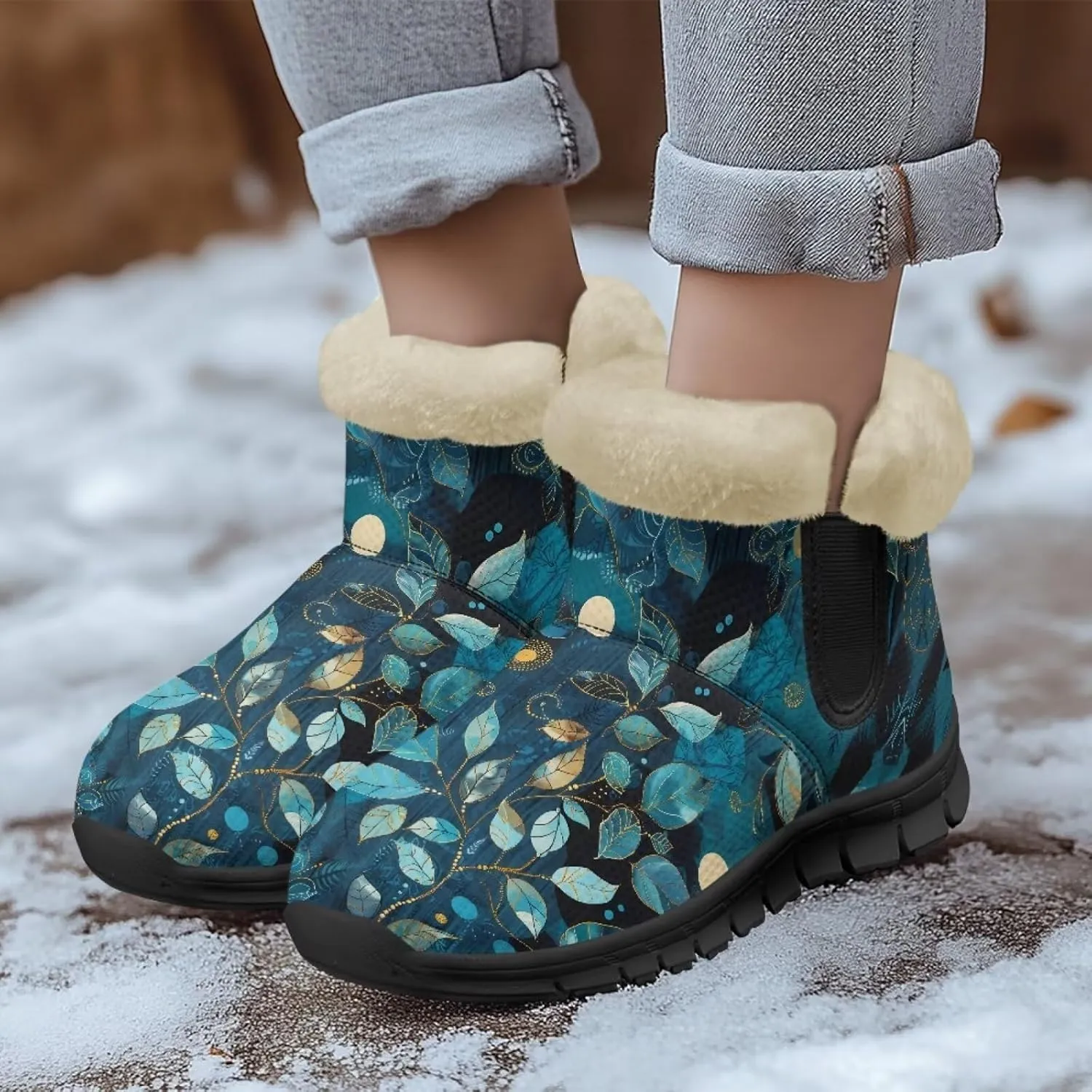 Jeiento Floral Women's Snow Boots Flowers Lightweight Fluffy Thickening Shoes Ladies Non Slip