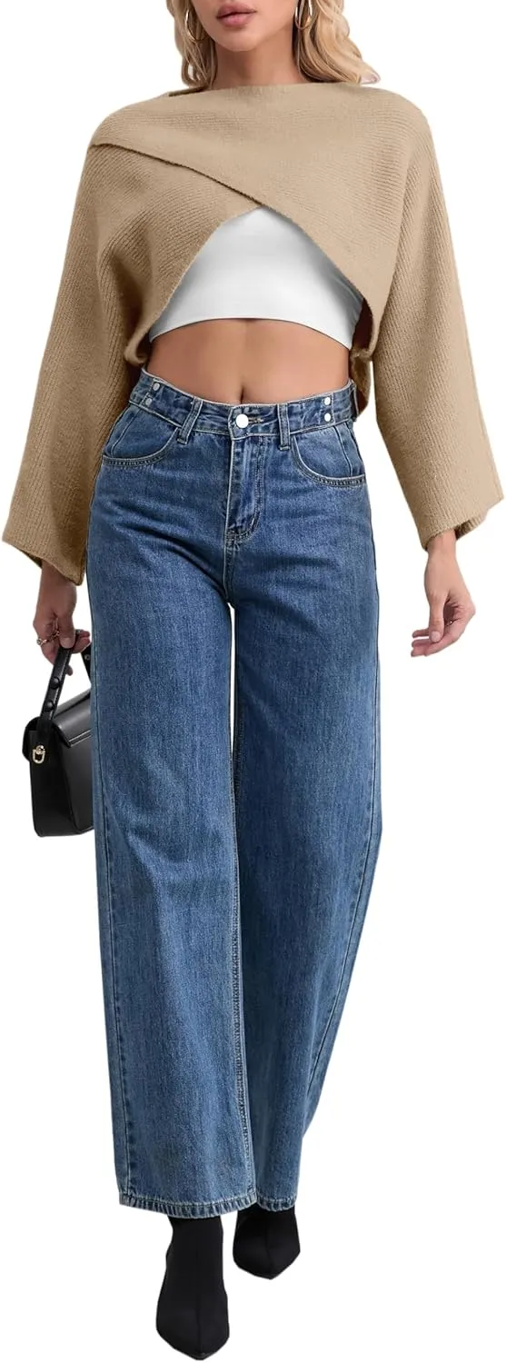 Joe Wenko Women's Boat Neck Sweater Long Sleeve Cross Wrap Asymmetrical Hem Cropped Pullover Jumper Tops