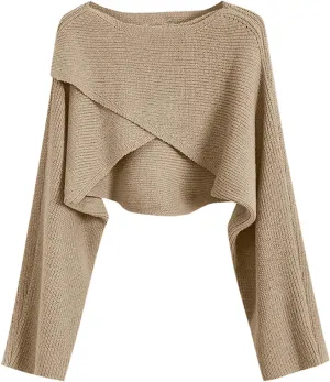 Joe Wenko Women's Boat Neck Sweater Long Sleeve Cross Wrap Asymmetrical Hem Cropped Pullover Jumper Tops