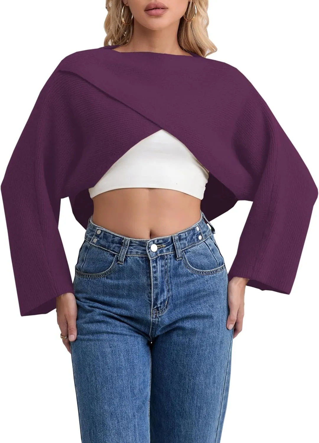Joe Wenko Women's Boat Neck Sweater Long Sleeve Cross Wrap Asymmetrical Hem Cropped Pullover Jumper Tops