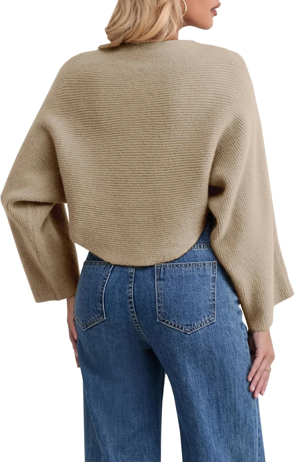 Joe Wenko Women's Boat Neck Sweater Long Sleeve Cross Wrap Asymmetrical Hem Cropped Pullover Jumper Tops