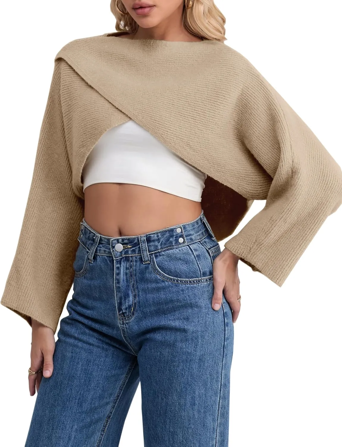 Joe Wenko Women's Boat Neck Sweater Long Sleeve Cross Wrap Asymmetrical Hem Cropped Pullover Jumper Tops