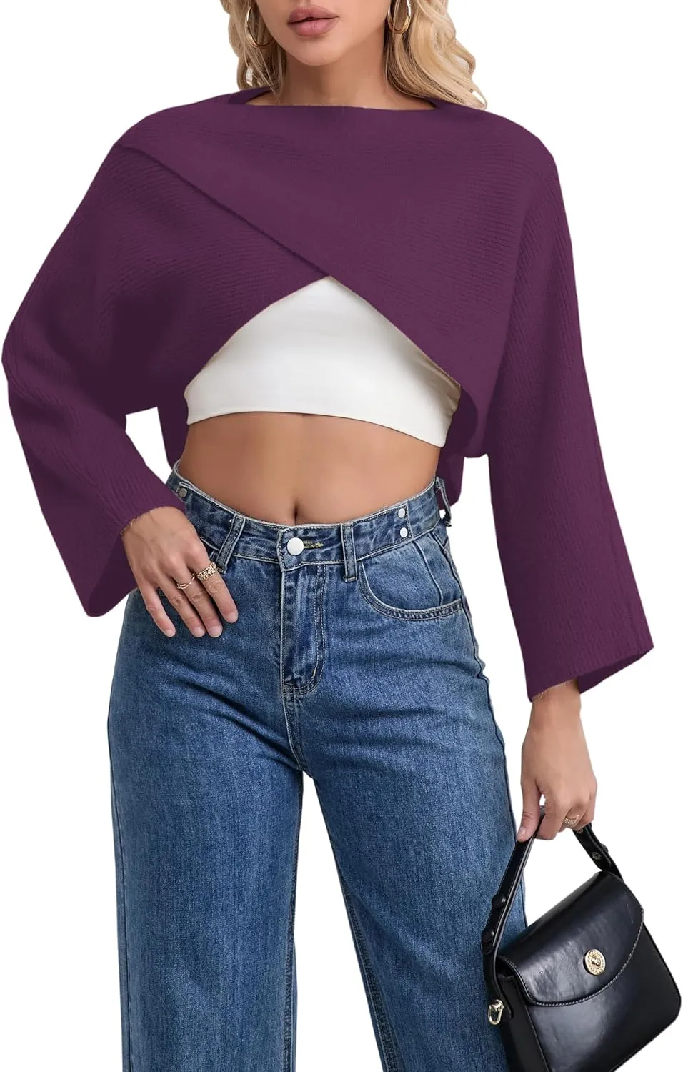 Joe Wenko Women's Boat Neck Sweater Long Sleeve Cross Wrap Asymmetrical Hem Cropped Pullover Jumper Tops