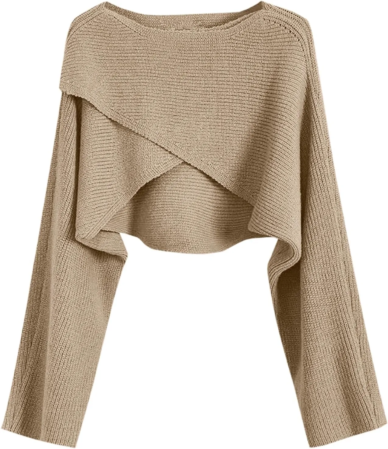 Joe Wenko Women's Boat Neck Sweater Long Sleeve Cross Wrap Asymmetrical Hem Cropped Pullover Jumper Tops