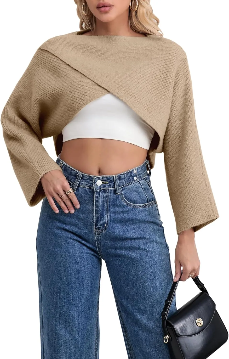 Joe Wenko Women's Boat Neck Sweater Long Sleeve Cross Wrap Asymmetrical Hem Cropped Pullover Jumper Tops