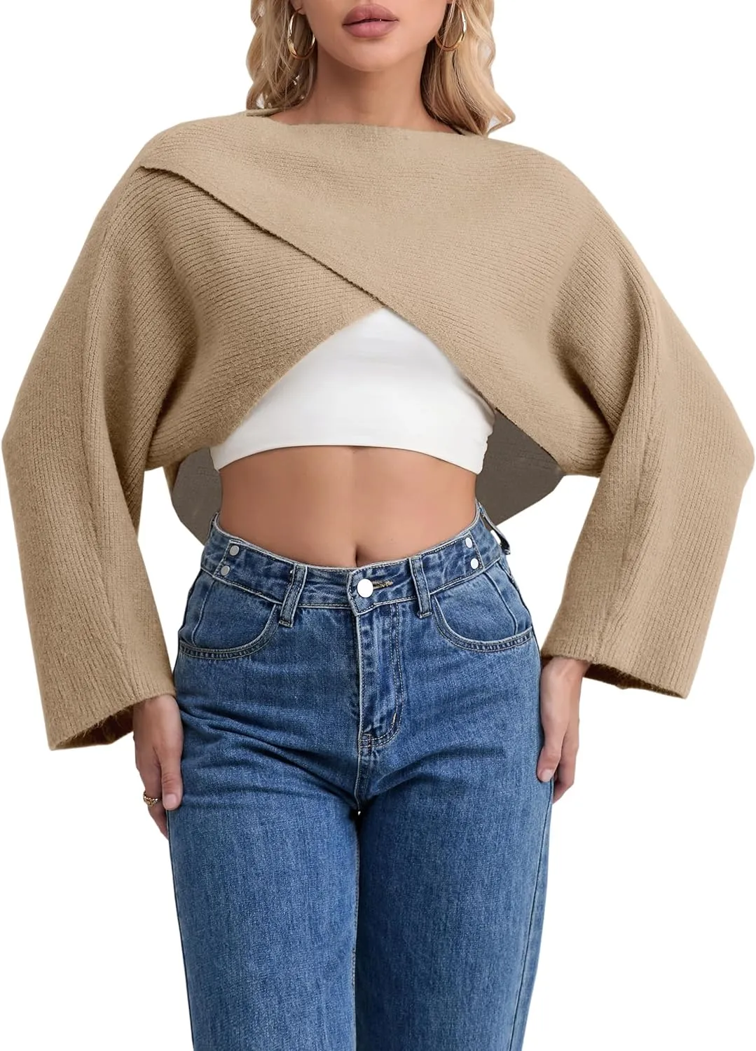 Joe Wenko Women's Boat Neck Sweater Long Sleeve Cross Wrap Asymmetrical Hem Cropped Pullover Jumper Tops