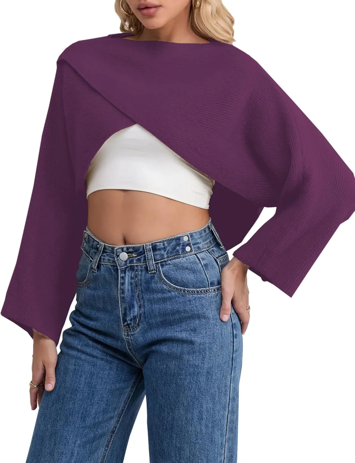 Joe Wenko Women's Boat Neck Sweater Long Sleeve Cross Wrap Asymmetrical Hem Cropped Pullover Jumper Tops