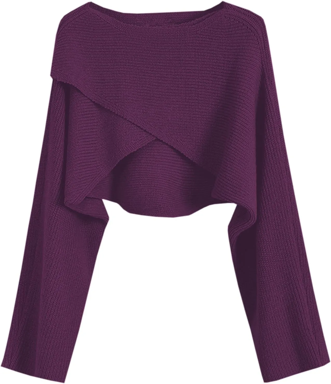 Joe Wenko Women's Boat Neck Sweater Long Sleeve Cross Wrap Asymmetrical Hem Cropped Pullover Jumper Tops