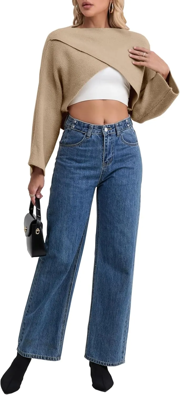 Joe Wenko Women's Boat Neck Sweater Long Sleeve Cross Wrap Asymmetrical Hem Cropped Pullover Jumper Tops