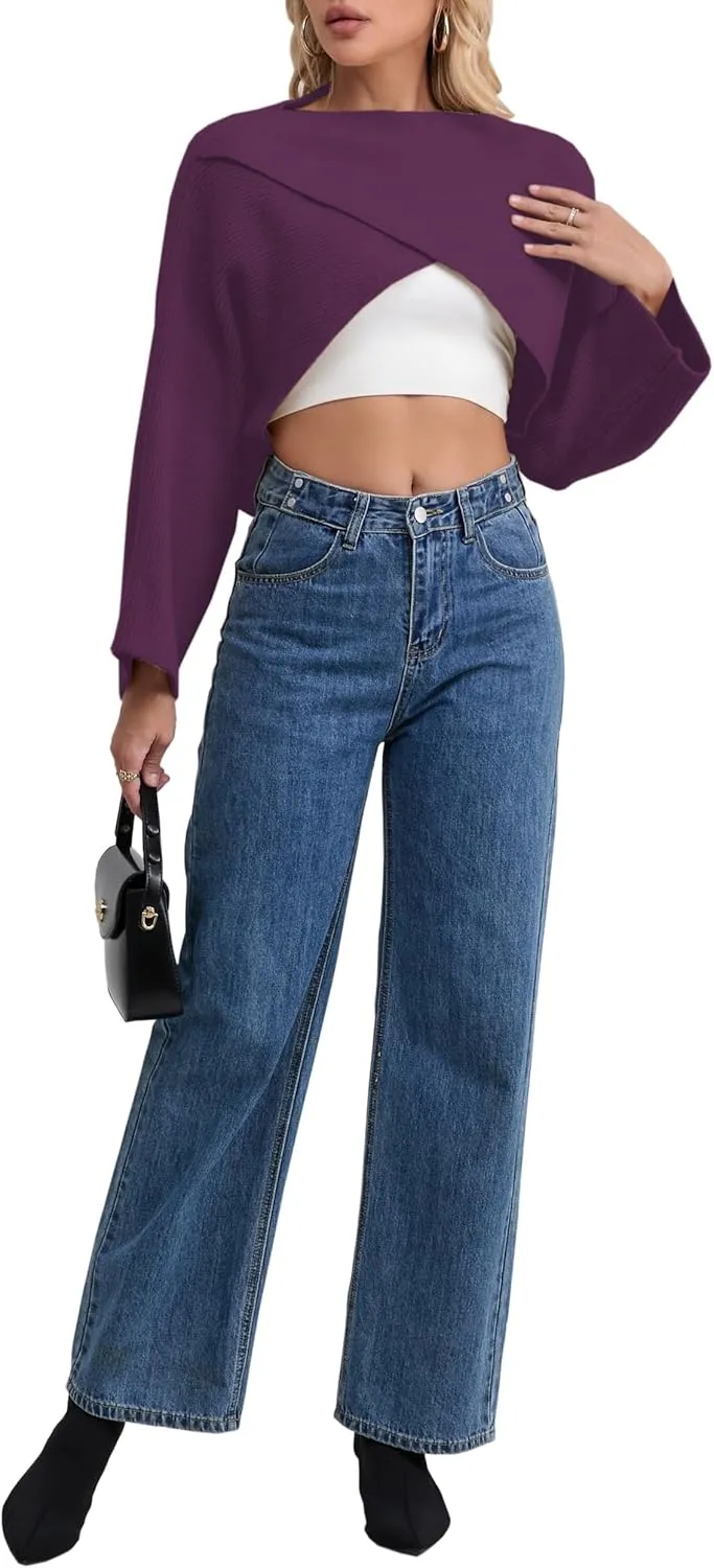 Joe Wenko Women's Boat Neck Sweater Long Sleeve Cross Wrap Asymmetrical Hem Cropped Pullover Jumper Tops