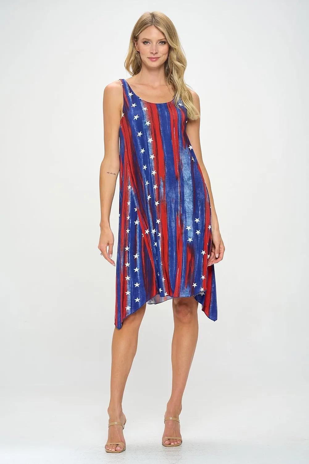 Jostar Women's Print Tank Dress – Sleeveless Diamond Side Scoop Neck Asymmetrical Hem Printed Flowy One Piece