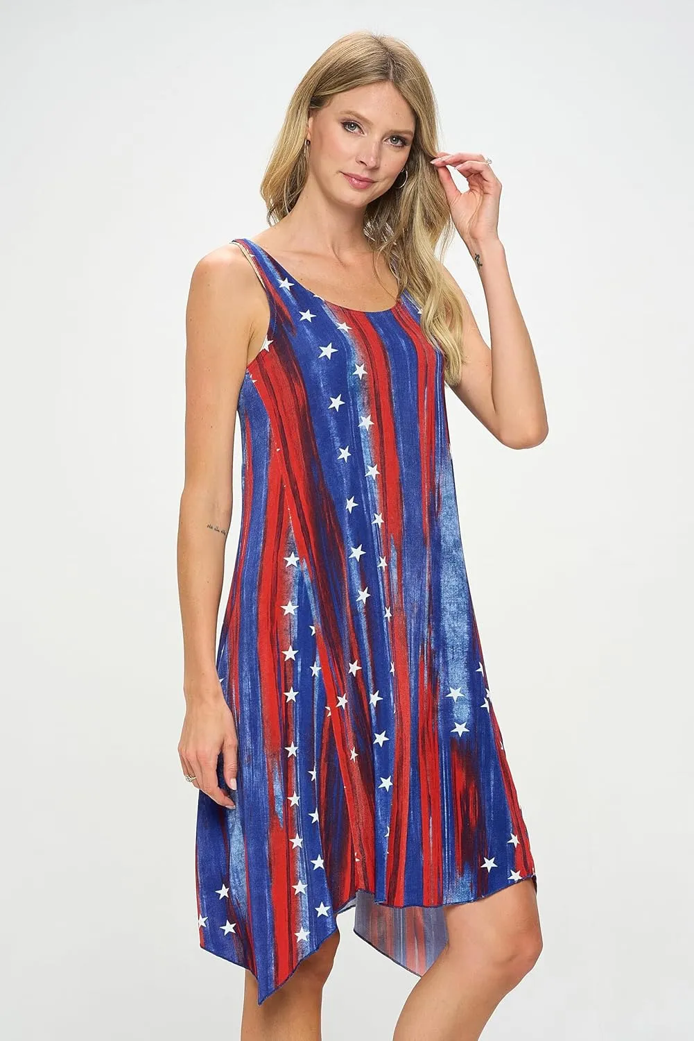 Jostar Women's Print Tank Dress – Sleeveless Diamond Side Scoop Neck Asymmetrical Hem Printed Flowy One Piece