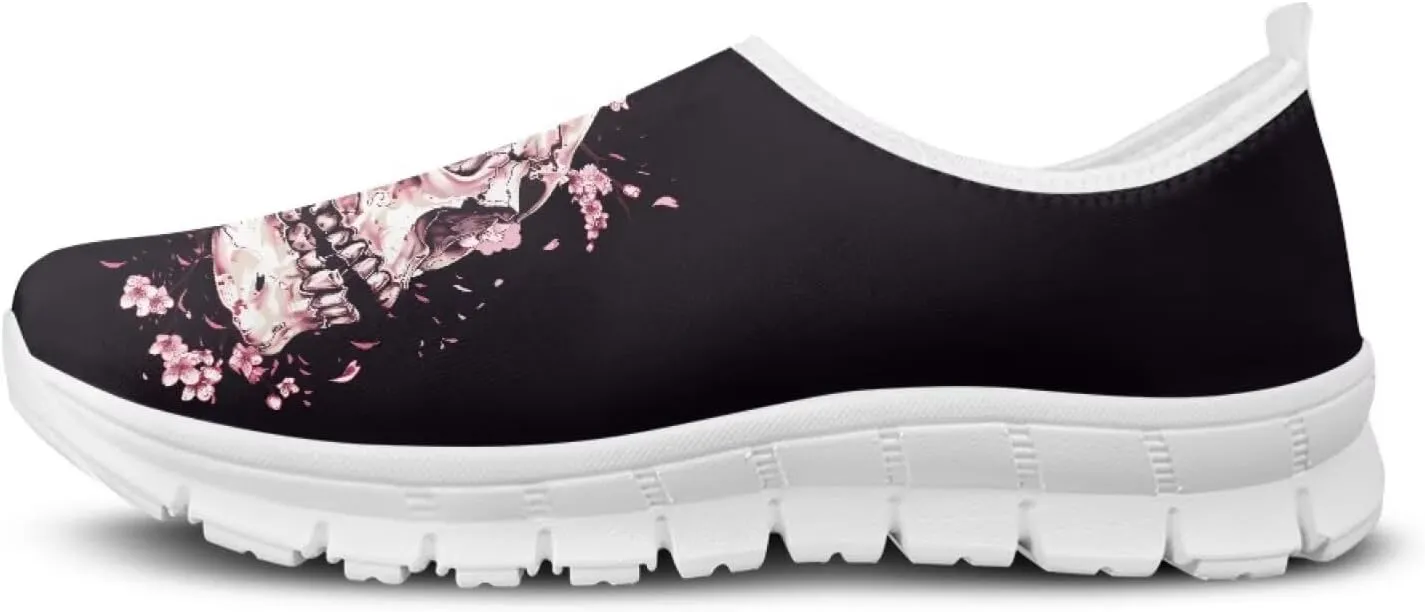JoyLamoria Womens Floral Skull Print Low Top Lightweight Walking Shoes Girls Go Easy Travel Shoes Art Comfy Sneakers